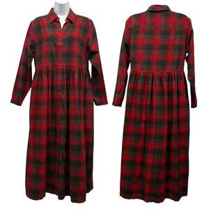 VTG Eddie Bauer Flannel Plaid Maxi Shirt Dress Preppy Grunge Red Green Size PM